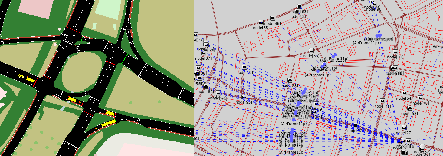 Screenshots of a simulation of connected cars in Dresden